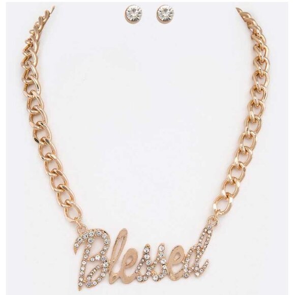 J. ELISE BOUTIQUE GOLD CRYSTAL PENDANT CHAIN LINK NECKLACE AND EARRING SET - Picture 5 of 11